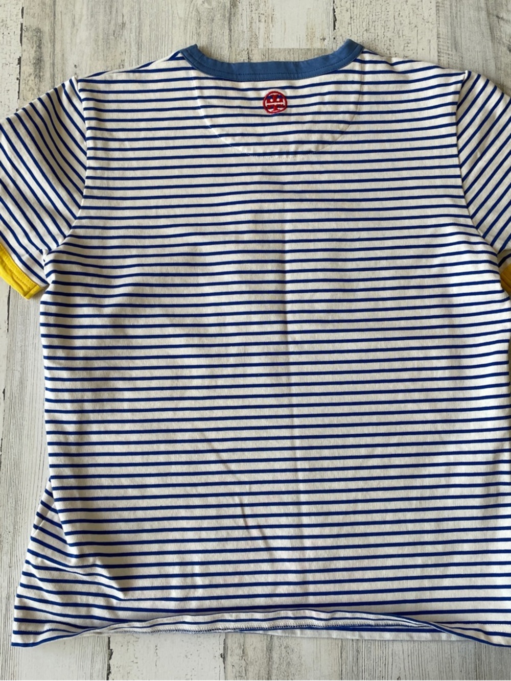Tory Burch Top M Striped Tee White with Blue Stripes with Red Floral Accents - Picture 8 of 10